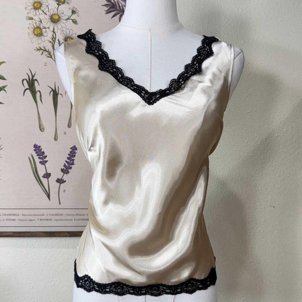 Vintage 90s Y2k Satin Lace Trim Sleeveless Top Romantic Dark Coquette Sexy S 6 - Picture 2 of 6